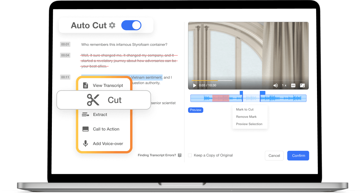 Precise cuts with transcript and waveform